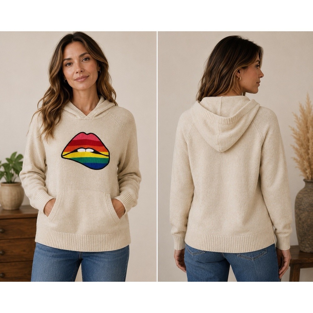 Torrid Raglan Hoodie Sweater in Rainbow Lips Oatmeal Pride Novelty Comfy Large